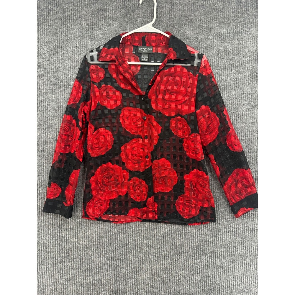 Notations Rose Floral Burnout Blouse Women PS Red Black Excellent Sheer Grid
